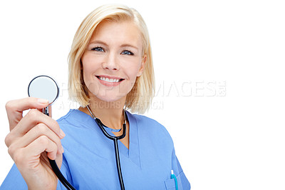 Buy stock photo Nurse, portrait and medical stethoscope check on isolated white background in cardiovascular, lungs or heart wellness. Smile, happy woman and face of healthcare worker, equipment or doctor consulting