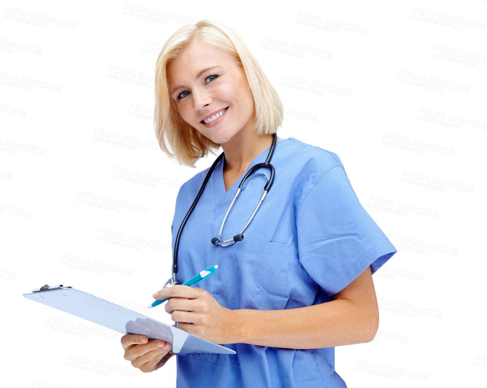 Buy stock photo Portrait, healthcare and writing with a nurse woman in studio isolated on a white background for insurance. Hospital, health and medical with a female medicine professional doctor with a clipboard