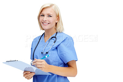 Buy stock photo Portrait, mockup and documents with a nurse woman in studio isolated on a white background for healthcare. Hospital, health and medical with a female medicine professional writing on a clipboard