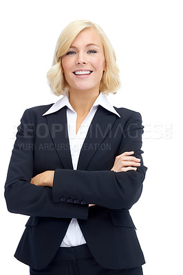 Buy stock photo Attractive businesswoman standing isolated on white with a broad smile and her arms folded