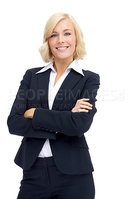Buy stock photo Attractive businesswoman standing isolated on white with a broad smile and her arms folded