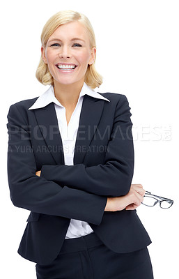 Buy stock photo Attractive businesswoman standing isolated on white with a broad smile