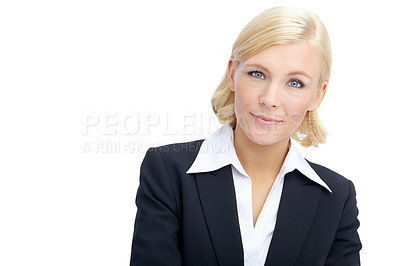 Buy stock photo Portrait of a confident businesswoman standing isolated on white 