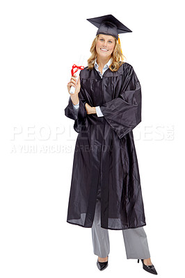 Buy stock photo Attractive young woman holding a university diploma while smiling and isolated on white