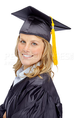 Buy stock photo Cap and gown-clad young woman smiling while isolated on white