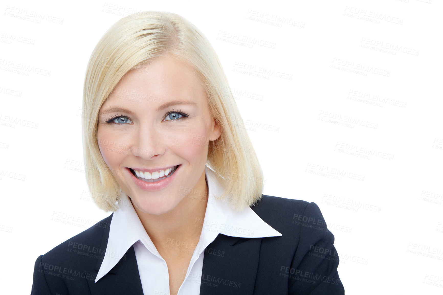 Buy stock photo Cropped portrait of a smiling suit-clad businesswoman isolated on white