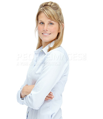 Buy stock photo Smiling young businesswoman looking positive with her arms folded while isolated on white