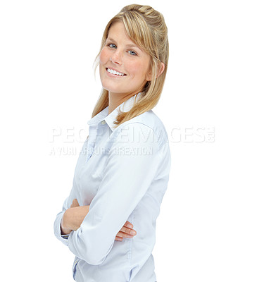 Buy stock photo Smiling young businesswoman looking positive with her arms folded while isolated on white
