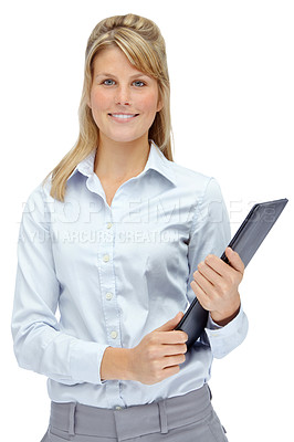 Buy stock photo Smiling young businesswoman looking positive while holding a folder