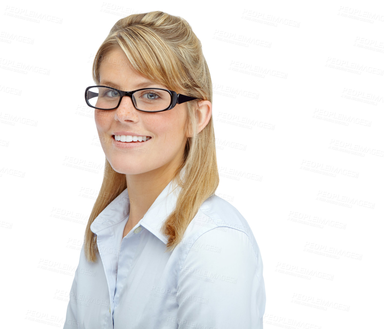 Buy stock photo Happy woman, portrait and glasses with sight for business, career or job opportunity on a white studio background. Young, female person or blonde model with smile for optometry or eyecare on space