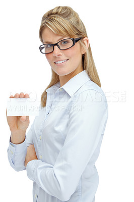 Buy stock photo Attractive businesswoman standing isolated on white while holding a blank businesscard