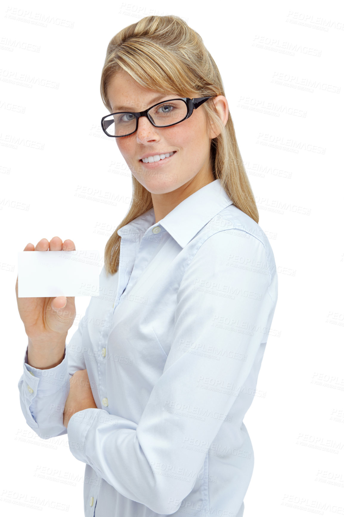 Buy stock photo Happy woman, portrait and glasses with business card for advertising or marketing on a white studio background. Young, female person or model with smile for sign, alert or shape for company info