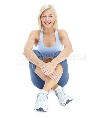 Buy stock photo Woman, portrait and fitness in studio for fashion, health and trendy healthy or active aesthetic. Female person, happy and exercise on white background for sports style, confidence and gym outfit