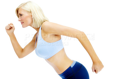 Buy stock photo Woman, challenge and runner cardio in studio, fitness and strong athlete on white background. Female person, confident exercise and sports workout in profile, performance and training for marathon