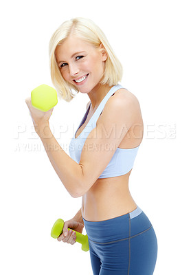 Buy stock photo Portrait, dumbbells and model with exercise, fitness and wellness on white studio background. Smile, athlete person and woman with workout, performance and equipment for muscle training and health