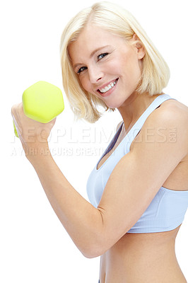 Buy stock photo Smile, dumbbells and woman with exercise, fitness and wellness on white studio background. Portrait, athlete person and model with workout, performance and equipment for muscle training and health