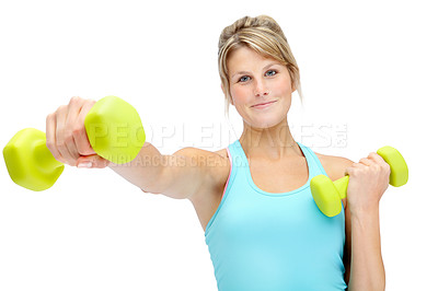 Buy stock photo Confident, portrait and woman with dumbbell in studio for training challenge, exercise and healthy body. Fitness, athlete and person with equipment for muscle, strength or workout by white background