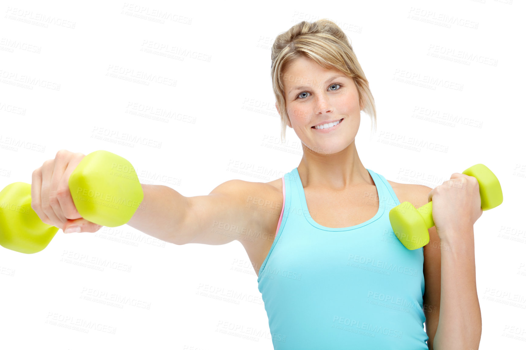 Buy stock photo Portrait, smile and woman with dumbbell in studio for fitness challenge, training and healthy body. Athlete, exercise and person with gym equipment for muscle, strength or workout by white background