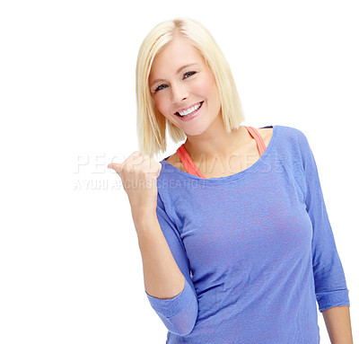 Buy stock photo Pointing, mockup and portrait of woman with direction in studio for advertising, marketing or promotion. Happy, presentation and person with show hand gesture for deal or sale by white background.