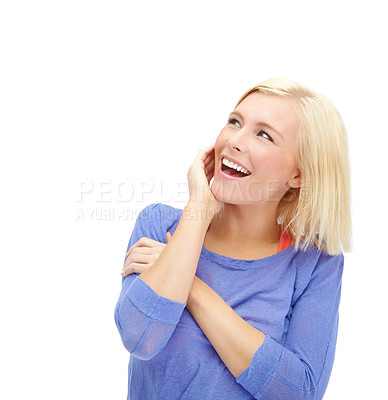 Buy stock photo Wow, woman and surprised with smile in studio for gossip, announcement and secret information. Girl, happy person and shocked for discount deal, sale promotion and mockup space on white background