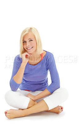 Buy stock photo Relax, thinking and portrait of woman in studio for smile, confidence and reflection. Memory, happiness and idea with person sitting on white background for decision, calm and positive mindset