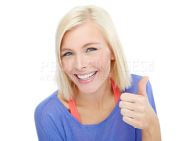 Buy stock photo Happy woman, portrait and hair with thumbs up for good job, winning or great on a white studio background. Young, female person or blonde model with smile, like emoji or yes sign for amazing review