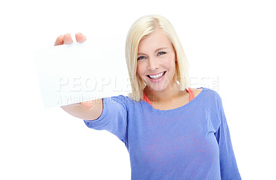 Buy stock photo Advertising, woman and billboard in portrait for announcement, promotion and logo with mock up space. Female person, poster and brand for media info or sign as wellness instructor on white background