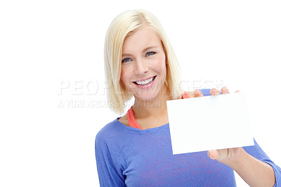 Buy stock photo Portrait, woman and billboard for announcement, promotion and logo with mock up space or advertising. Female person, poster and brand for media info or sign as wellness instructor on white background