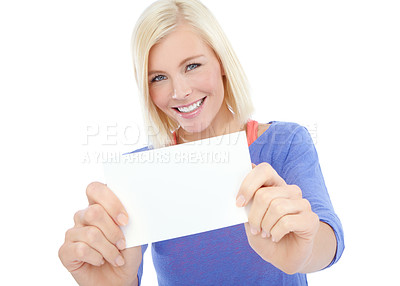 Buy stock photo Studio, portrait and woman with blank card, smile and deal promotion info for coupon giveaway. Offer, review and happy face of girl poster mockup, empty sign space or gift voucher on white background