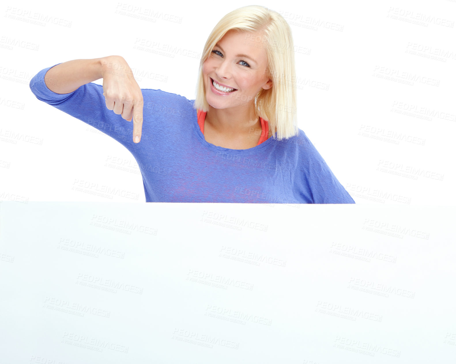 Buy stock photo Blank, poster and portrait of woman in studio with pointing, smile or deal promo for giveaway info. Billboard, news announcement and girl with mockup sign, card or offer space on white background