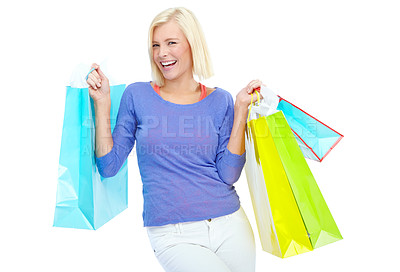 Buy stock photo Studio, happy and portrait of woman with shopping bag for retail discount, fashion and commerce. Customer, smile and female person with package for boutique clothes, gift and sale by white background