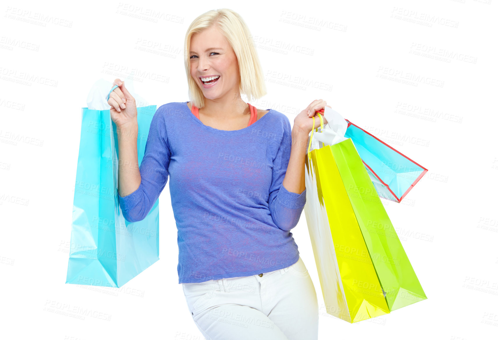 Buy stock photo Studio, happy and portrait of woman with shopping bag for retail discount, fashion and commerce. Customer, smile and female person with package for boutique clothes, gift and sale by white background