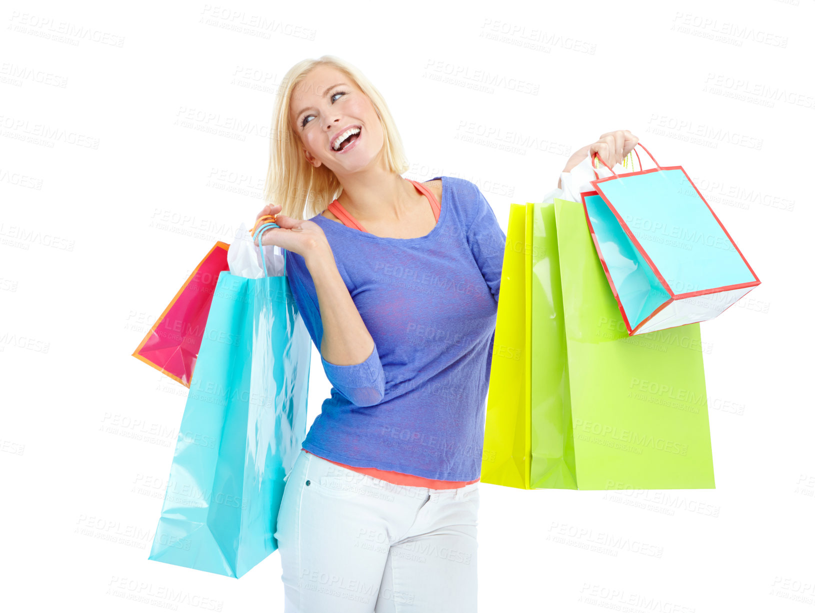 Buy stock photo Thinking, smile and woman with shopping bag in studio for retail discount, commerce and clothes. Customer, happy and female person with package for boutique fashion, gift and sale by white background