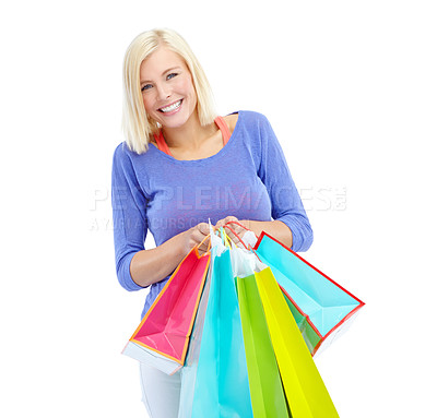 Buy stock photo Smile, shopping bag and studio portrait of woman with deal, fashion sale or discount offer at store. Giveaway gift, girl and happy customer with retail product at boutique on white background