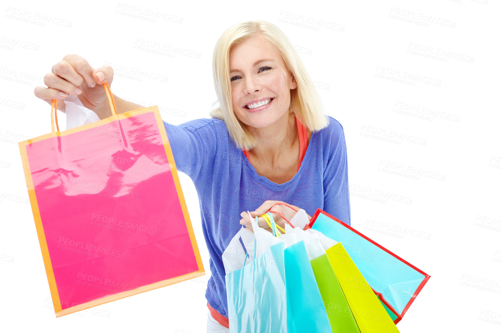 Buy stock photo Giving, shopping bag and studio portrait of woman with smile, fashion sale or discount offer at store. Giveaway, girl and happy customer with retail product gift at boutique on white background