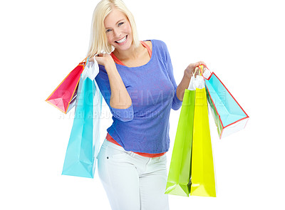 Buy stock photo Smile, shopping bag and studio portrait of girl with deal, fashion sale or discount offer at store. Giveaway, woman and happy customer experience with retail product at boutique on white background