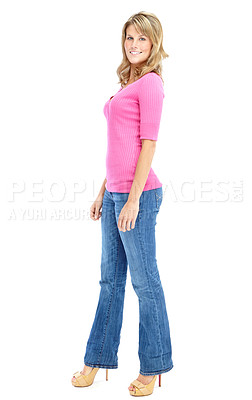 Buy stock photo Smile, fashion and portrait of woman in studio with casual, colorful and trendy outfit for confidence. Happy, high heels and female person from Germany with pink tshirt for style by white background.