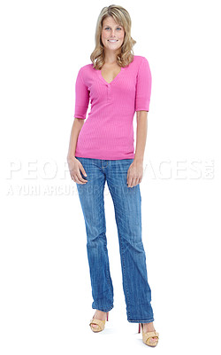 Buy stock photo Confident, fashion and portrait of woman in studio with casual, colorful and trendy outfit for happiness. Smile, heels and female person from Germany with pink tshirt for style by white background.