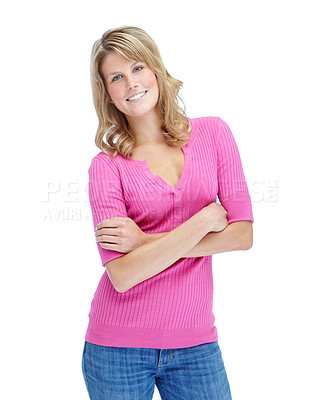 Buy stock photo Crossed arms, fashion and portrait of woman in studio with casual, color and trendy outfit for confidence. Happy, pride and female person from Germany with pink tshirt for style by white background.