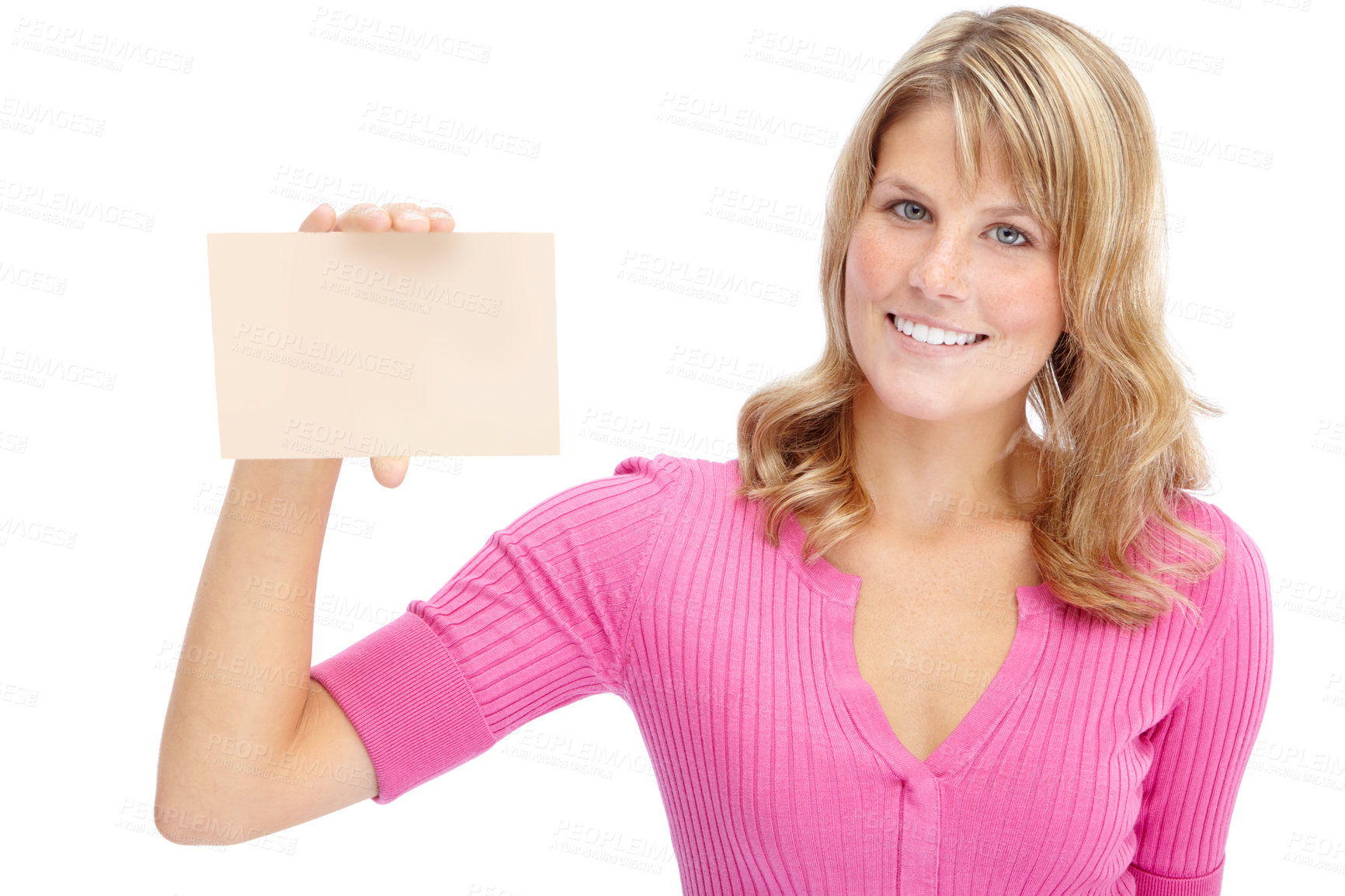 Buy stock photo Happy woman, portrait and card with envelope for invitation, advertising or marketing on a white studio background. Young, female person or model with smile or poster for party message, alert or sign