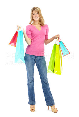 Buy stock photo Fashion, shopping and studio portrait of woman with smile, budget deal or discount offer at store. Giveaway, girl and happy customer with paper bag for retail sale at boutique on white background