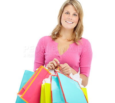 Buy stock photo Sale, shopping and studio portrait of woman with smile, fashion deal or discount offer at store. Giveaway, girl and happy customer with paper bag for retail product at boutique on white background