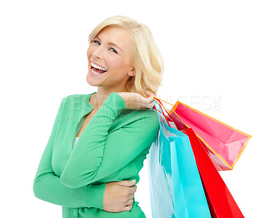 Buy stock photo Fashion, shopping bag and portrait of happy woman in studio with sale, discount deal and excited at store. Giveaway, girl and customer experience with retail product at boutique on white background