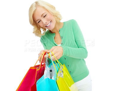 Buy stock photo Fashion, shopping and happy woman in studio with laugh, discount deal or sale promotion at store. Giveaway, girl and excited customer with paper bag for retail product at boutique on white background