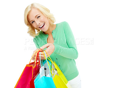 Buy stock photo Fashion, shopping and portrait of woman in studio with sale, discount deal and excited smile at store. Giveaway, girl and happy customer with paper bag for retail fun at boutique on white background