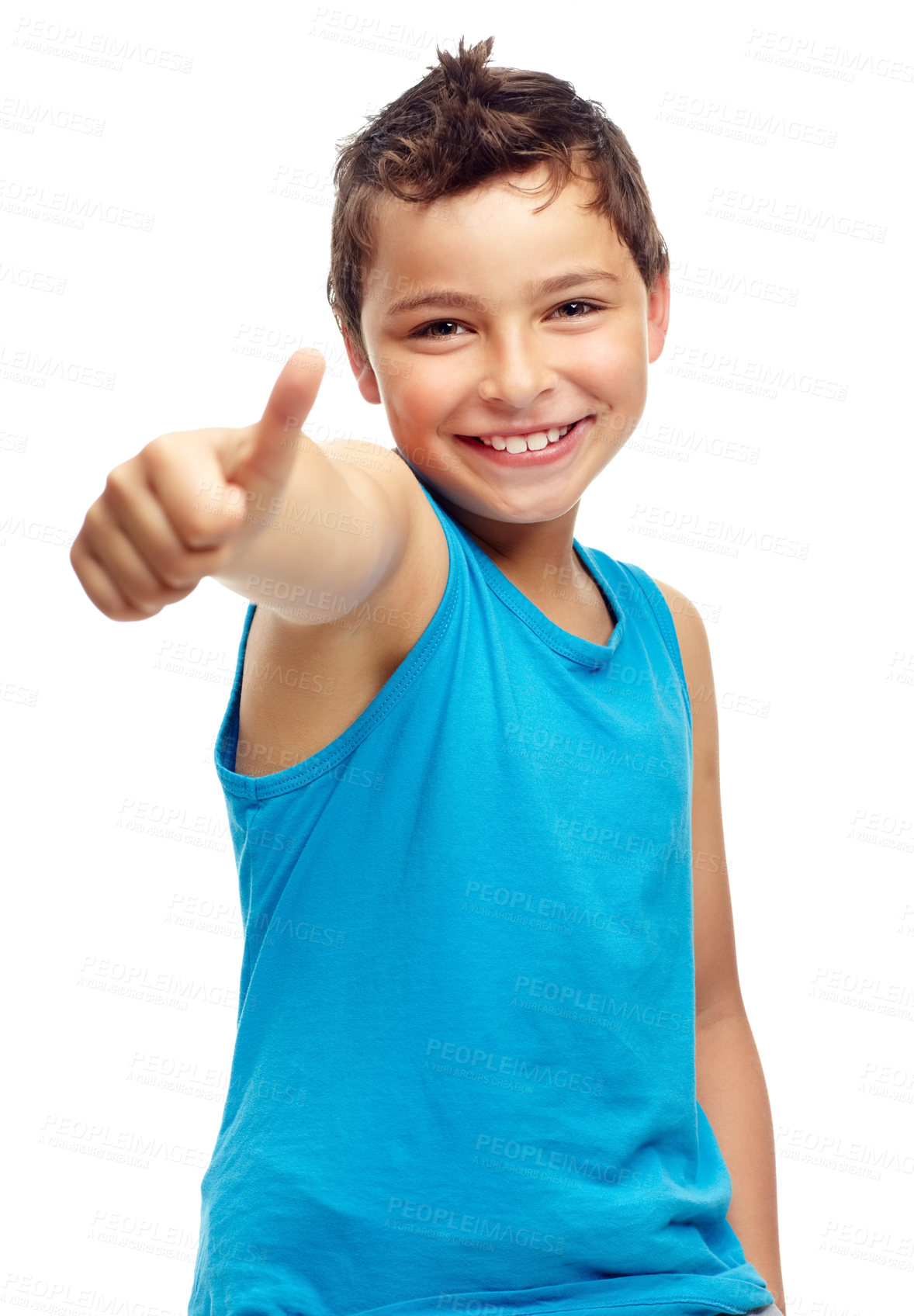 Buy stock photo Thumbs up, portrait and boy kid in studio, isolated white background and celebration. Happy child, thumb up and like emoji for winner, support and vote of trust, thank you and yes agreement of review