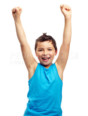 Buy stock photo Children, portrait and winner with a boy in studio isolated on a white background standing arms raised in celebration. Success, wow and kids with a male child raising hands in victory on blank space