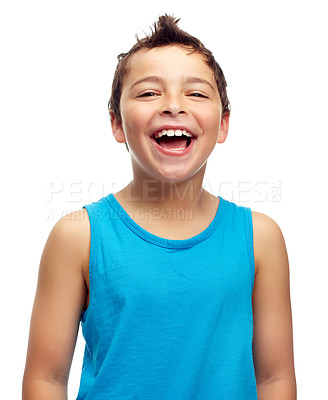 Buy stock photo Boy, kid and laughing for studio portrait, white background and isolated alone. Face of cute young child, model and funny kids lifestyle, meme and comedy for youth, confidence and happiness for smile