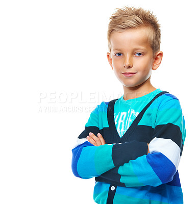 Buy stock photo Fashion, young and portrait of boy on a white background standing with crossed arms, trendy and casual clothes. Childhood, relax and kid isolated in studio with confidence, attitude and cool style