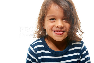 Buy stock photo Portrait, children and tongue with a boy in studio isolated on a white background for mockup or branding. Kids, face and silly with a male child on blank space for a logo or funny advertising